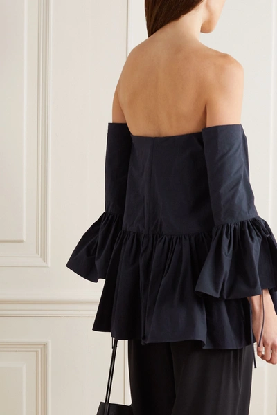 Shop Rosie Assoulin Court Off-the-shoulder Convertible Cotton-poplin Peplum Blouse In Navy