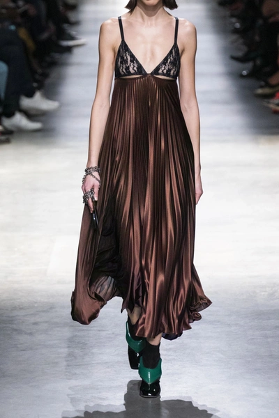 Shop Christopher Kane Cutout Lace-paneled Pleated Satin Maxi Dress In Dark Brown