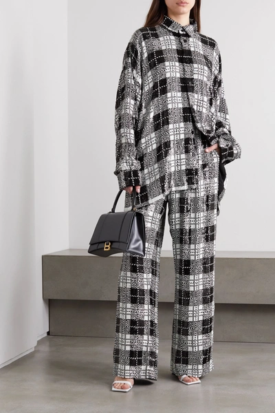 Shop Balenciaga Checked Sequined Tulle Wide-leg Pants In Black