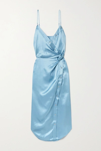 Shop Alexander Wang T Wrap-effect Knotted Silk-charmeuse Midi Dress In Sky Blue