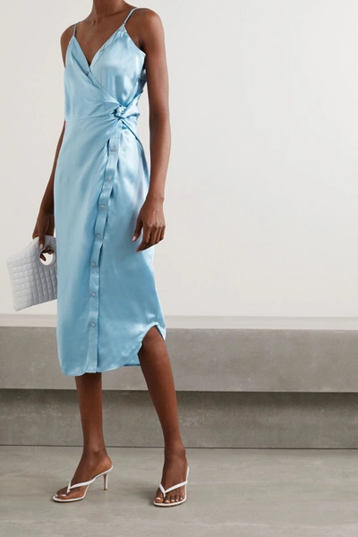 Shop Alexander Wang T Wrap-effect Knotted Silk-charmeuse Midi Dress In Sky Blue