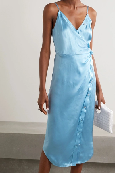 Shop Alexander Wang T Wrap-effect Knotted Silk-charmeuse Midi Dress In Sky Blue