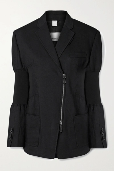Shop Burberry Paneled Ramie-blend Twill And Stretch-knit Blazer In Black