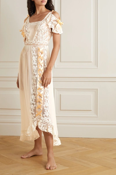 Shop Loretta Caponi Agnes Lace-trimmed Silk-georgette Nightdress In Cream