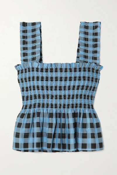 Shop Ganni Smocked Checked Cotton And Silk-blend Peplum Top In Blue