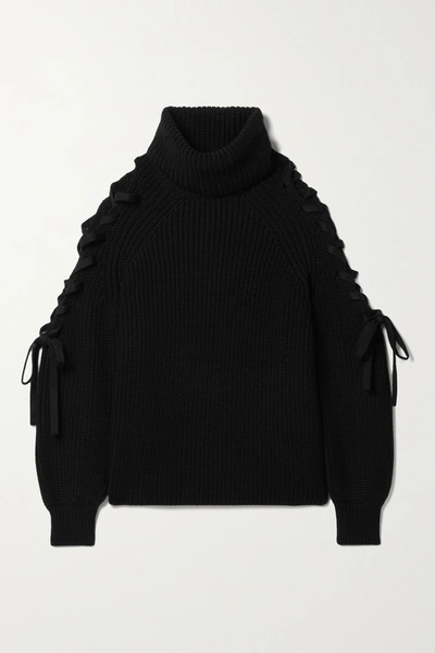 Shop Alice And Olivia Lace-up Ribbed Wool-blend Turtleneck Sweater In Black