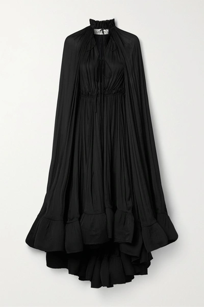 Shop Lanvin Cape-effect Tie-detailed Ruffled Crepe Dress In Black