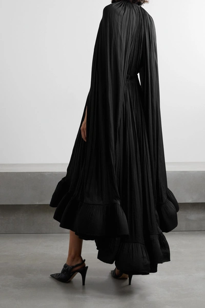 Shop Lanvin Cape-effect Tie-detailed Ruffled Crepe Dress In Black