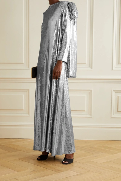 Shop Bernadette Richard Draped Sequined Jersey Gown In Silver