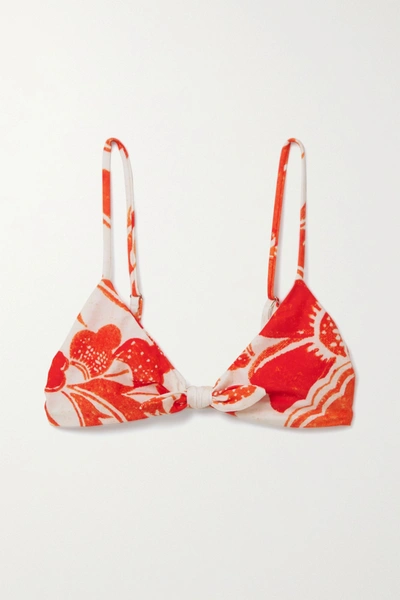 Shop Mara Hoffman Carla Bow-detailed Floral-print Triangle Bikini Top In Red