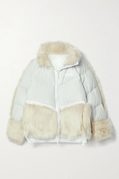 Shop Nike + Sacai Nrg Oversized Hooded Faux Fur And Quilted Shell Down Jacket In Light Gray