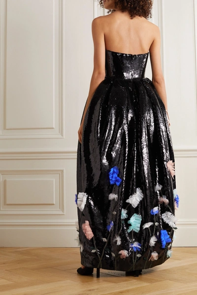 Shop Huishan Zhang Filomena Strapless Appliquéd Sequined Tulle Gown In Black