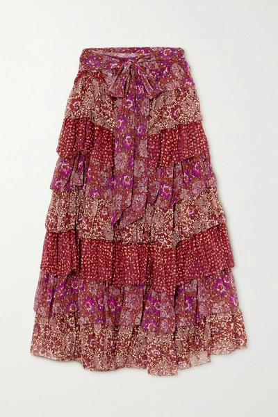 Shop Ulla Johnson Fayanna Tiered Floral-print Fil Coupé Silk-blend Midi Skirt In Burgundy