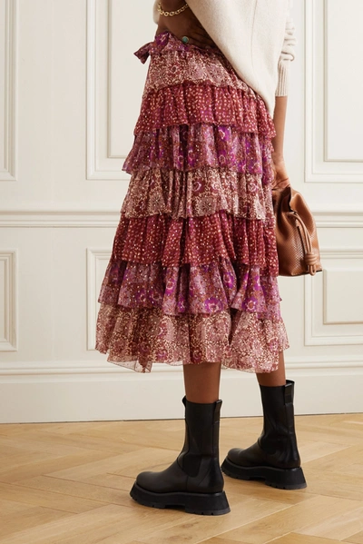 Shop Ulla Johnson Fayanna Tiered Floral-print Fil Coupé Silk-blend Midi Skirt In Burgundy