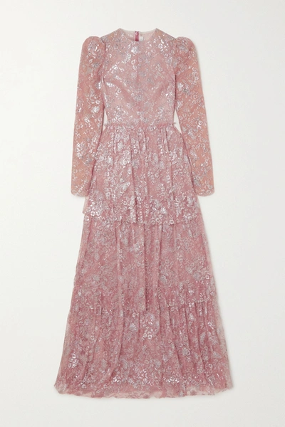 Shop The Vampire's Wife The Unrequited Tiered Metallic Lace Maxi Dress In Baby Pink