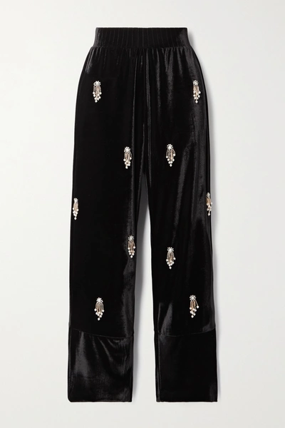 Shop Patbo Embellished Stretch-velvet Straight-leg Pants In Black
