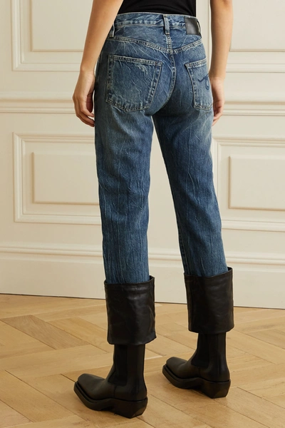 Shop R13 Axl Cropped Leather-trimmed Distressed High-rise Straight-leg Jeans In Mid Denim
