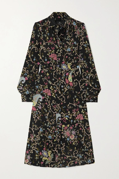 Shop Etro Floral-print Silk Crepe De Chine Midi Dress In Black