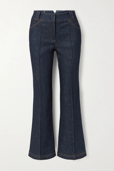 Shop Fendi Quilted Silk Satin-trimmed High-rise Straight-leg Jeans In Blue