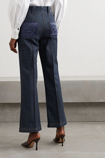 Shop Fendi Quilted Silk Satin-trimmed High-rise Straight-leg Jeans In Blue
