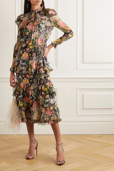Shop Zimmermann Ladybeetle Belted Tiered Floral-print Silk-georgette Midi Dress In Black