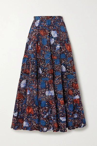 Shop Ulla Johnson Sylvie Pleated Printed Cotton Midi Skirt In Blue