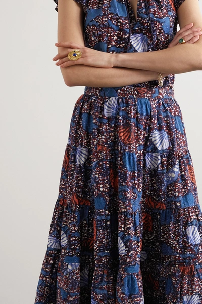 Shop Ulla Johnson Sylvie Pleated Printed Cotton Midi Skirt In Blue