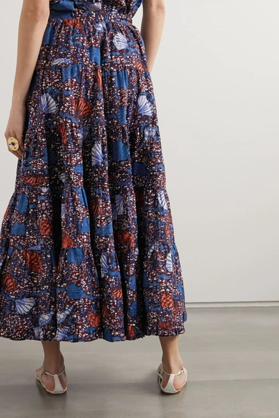 Shop Ulla Johnson Sylvie Pleated Printed Cotton Midi Skirt In Blue