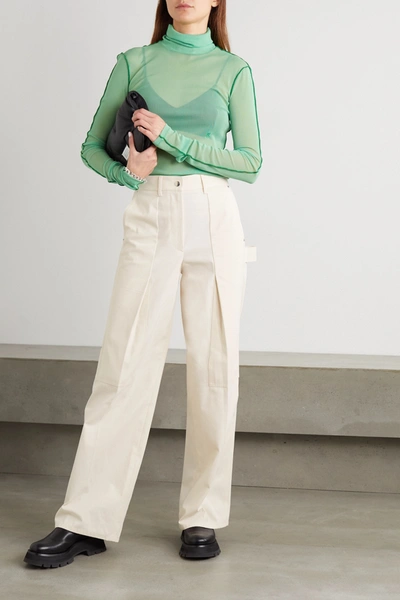 Shop Helmut Lang Pleated Cotton-twill Straight-leg Pants In Ivory