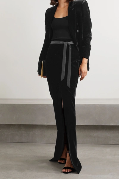 Shop Saint Laurent Satin-trimmed Velvet Maxi Skirt In Black
