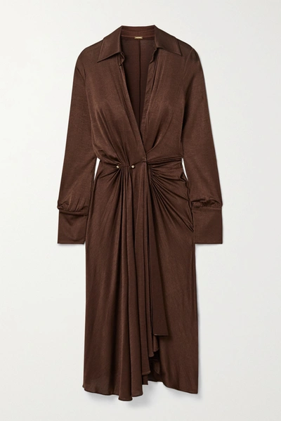 Shop Dodo Bar Or Lorenne Pleated Draped Stretch-satin Jersey Wrap Dress In Chocolate
