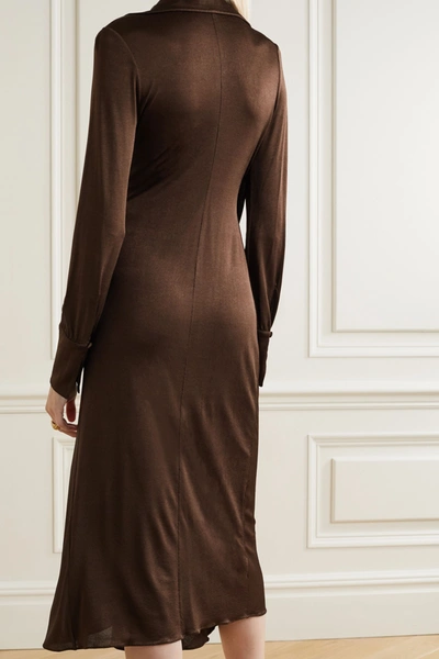 Shop Dodo Bar Or Lorenne Pleated Draped Stretch-satin Jersey Wrap Dress In Chocolate