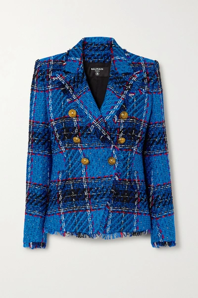 Shop Balmain Double-breasted Frayed Checked Tweed Blazer In Bright Blue