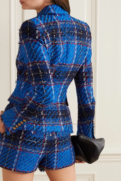 Shop Balmain Double-breasted Frayed Checked Tweed Blazer In Bright Blue
