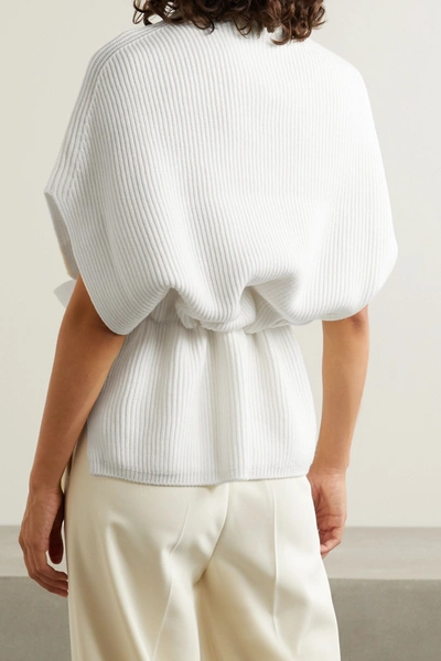 Shop Max Mara Leisure Fulmine Belted Ribbed Wool Turtleneck Poncho In White