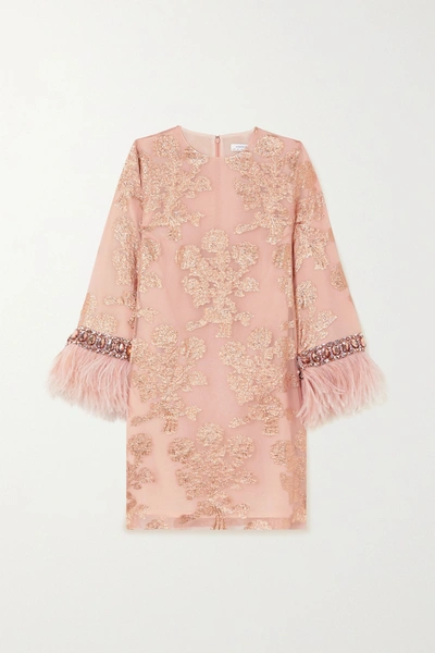 Shop Andrew Gn Feather-trimmed Embellished Metallic Fil Coupé Silk-blend Mini Dress In Blush
