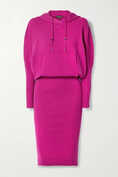 Shop Tom Ford Hooded Ribbed Cashmere-blend Dress In Fuchsia