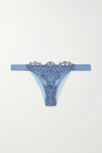 Shop Id Sarrieri Embroidered Tulle And Satin Thong In Blue