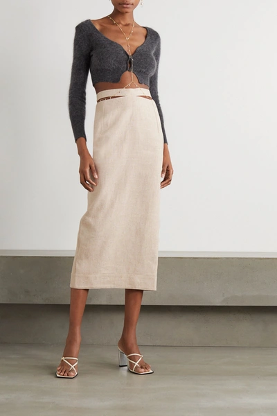 Shop Jacquemus Cutout Woven Midi Skirt In Beige