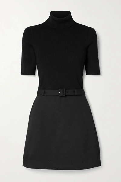 Shop Theory Belted Ribbed Merino Wool-blend And Twill Turtleneck Mini Dress In Black