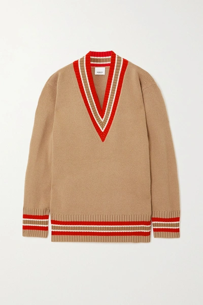 Shop Burberry Oversized Striped Wool Sweater In Camel
