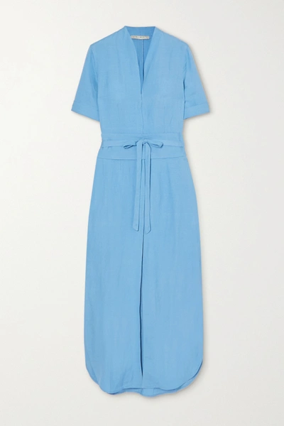 Shop Usisi Sister Tosca Belted Linen-blend Midi Dress In Blue