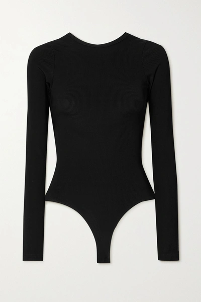 Shop Goldsign Cutout Ribbed Stretch-knit Thong Bodysuit In Black