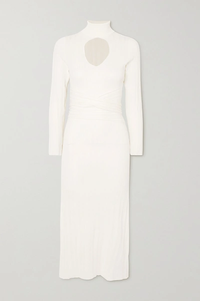 Shop The Line By K Malcolm Belted Cutout Ribbed-knit Turtleneck Midi Dress In Ivory