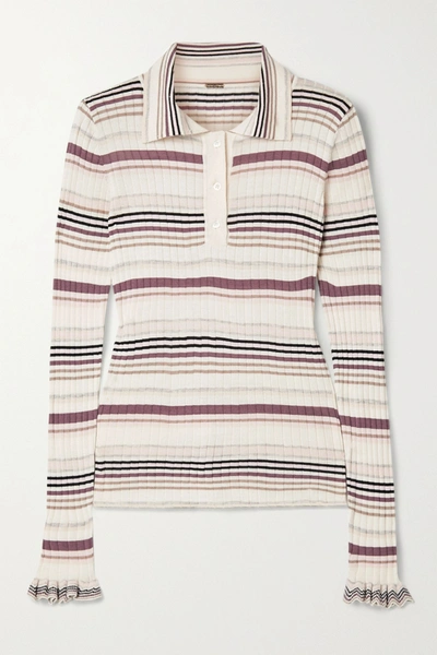 Shop Adam Lippes Striped Ribbed Silk And Cashmere-blend Polo Shirt In White