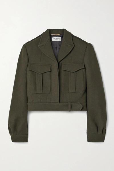 Shop Saint Laurent Cropped Wool-gabardine Jacket In Army Green