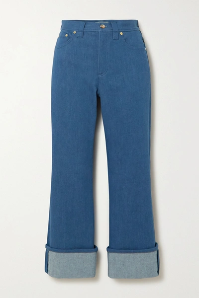 Shop Chloé Cropped Two-tone High-rise Flared Jeans In Blue