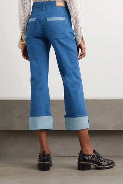 Shop Chloé Cropped Two-tone High-rise Flared Jeans In Blue
