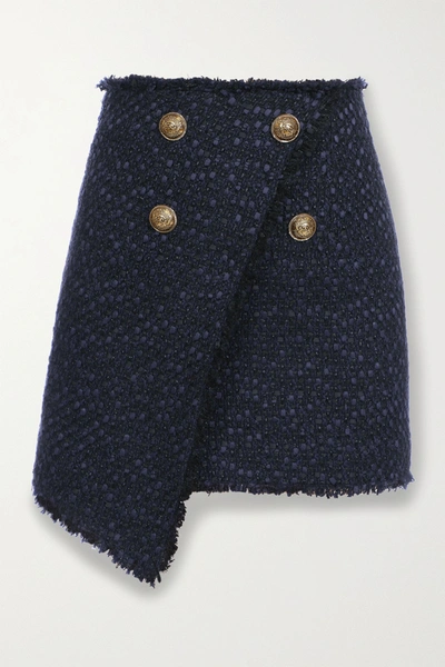 Shop Balmain Button-embellished Asymmetric Tweed Mini Skirt In Navy