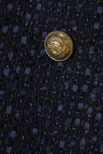 Shop Balmain Button-embellished Asymmetric Tweed Mini Skirt In Navy